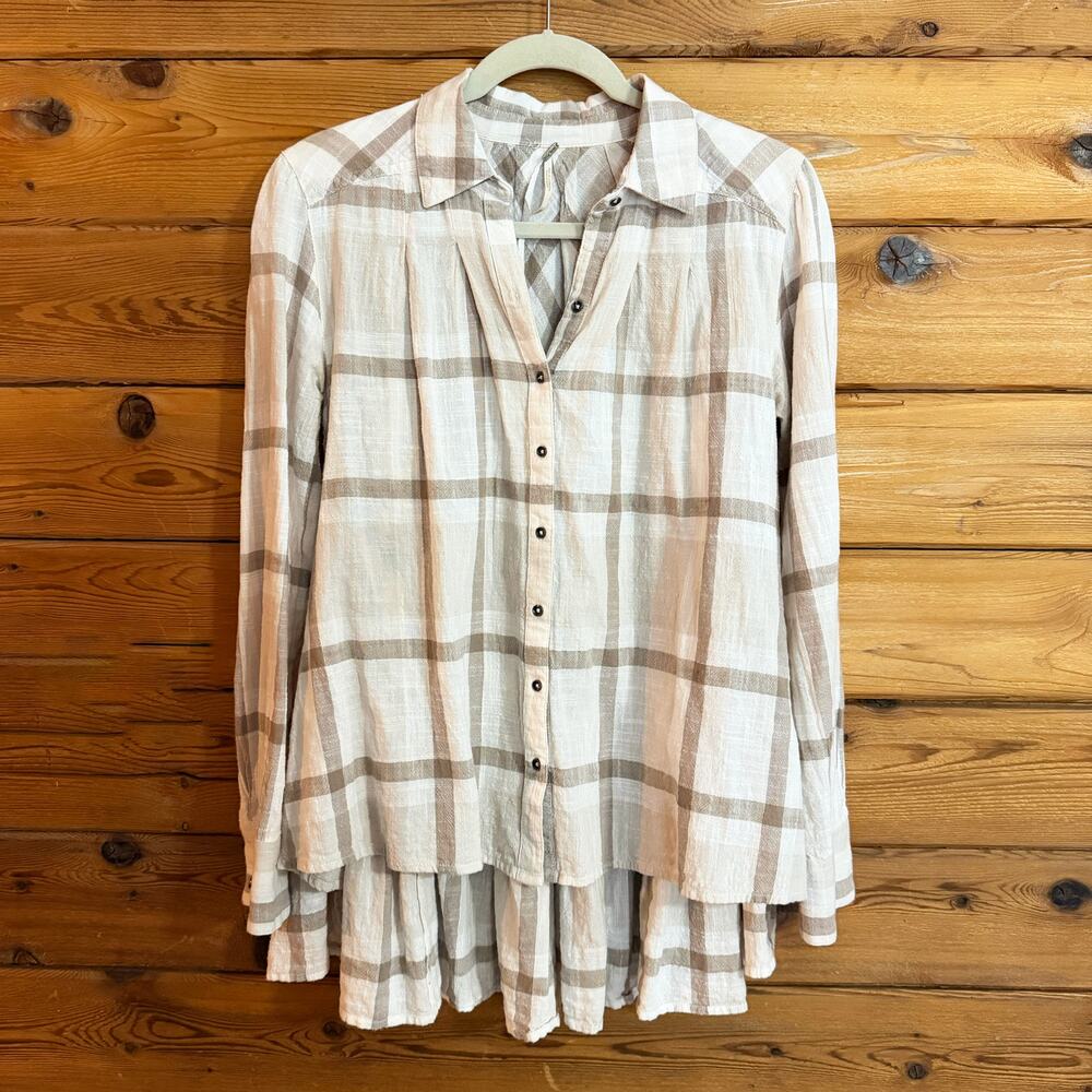 Free People Peppy In Plaid Button Up Ruffle Back Top Sz XS